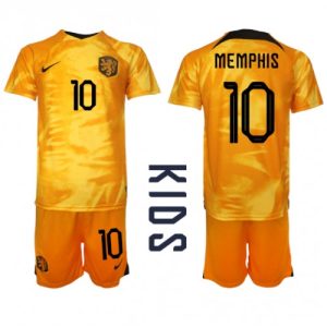 Nederland Fotballdrakt Barn Memphis Depay #10 Hjemmedrakt VM 2022 Kortermet (+ Korte bukser)
