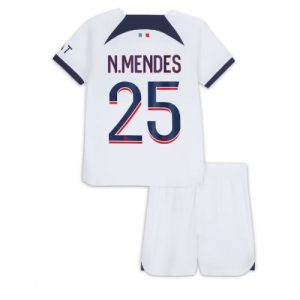Paris Saint-Germain Fotballdrakt Barn Nuno Mendes #25 Bortedrakt 2023-24 Kortermet (+ Korte bukser)
