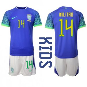 Brasil Fotballdrakt Barn Eder Militao #14 Bortedrakt VM 2022 Kortermet (+ Korte bukser)