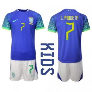 Brasil Fotballdrakt Barn Lucas Paqueta #7 Bortedrakt VM 2022 Kortermet (+ Korte bukser)