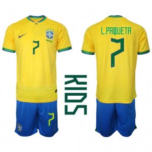 Brasil Fotballdrakt Barn Lucas Paqueta #7 Hjemmedrakt VM 2022 Kortermet (+ Korte bukser)